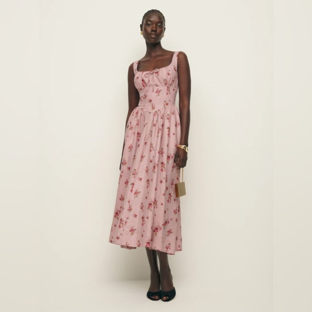 NWT Reformation Balia Linen Midi Dress in Tea Time Pink Floral | size 4 - Picture 2 of 15